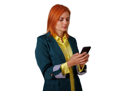 Businesswoman with red hair using smartphone, checking messages, communicating, working remotely, transparent background - Powered by Adobe
