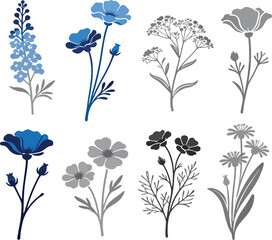 Blue and gray wildflower vector set, floral silhouettes and stems, meadow herbs, minimalist botanical illustration collection, isolated icons on white