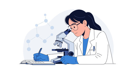 Scientist Performs Research With Microscope Writing Notes For Scientific Process