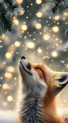 Obraz premium Fox enjoying a peaceful moment under twinkling lights in a winter wonderland during snowfall