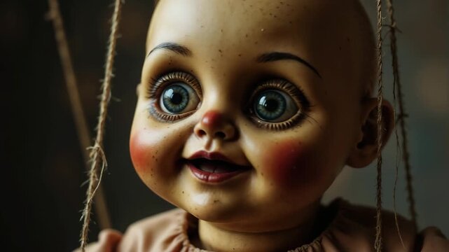 A creepy vintage puppet doll hangs from its strings. Close-up of a scary marionette with large eyes closing. Horror and suspense concept
