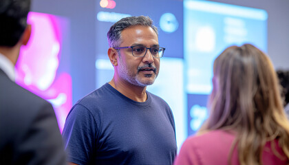 A serious man is wearing glasses and a t-shirt is at a conference. The man is interacting and looks deep in thought