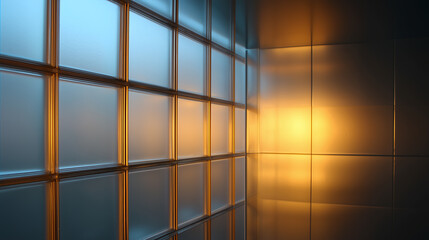 Backlit frosted glass wall with grid patterns reflecting warm sunlight, modern interior design, geometric shapes, minimalistic and tranquil atmosphere, blue and orange tones