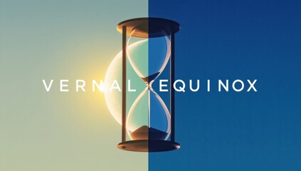 Conceptual vernal equinox illustration with hourglass and sun on split background