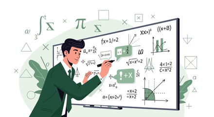 Smart Young Man Teaching Mathematics Equations And Illustrating Complex Formulas