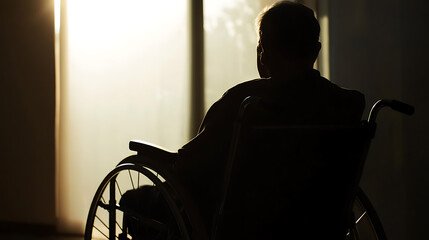 Contemplative figure sits in a wheelchair, silhouetted against a sunlit window, evoking solitude and reflection on life's journey, seeking comfort & acceptance.