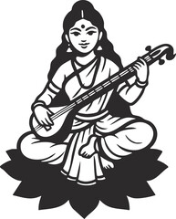 Fototapeta premium Indian goddess Saraswathi sitting on lotus and playing musical instrument veena