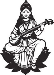 Fototapeta premium Indian goddess Saraswathi sitting on lotus and playing musical instrument veena