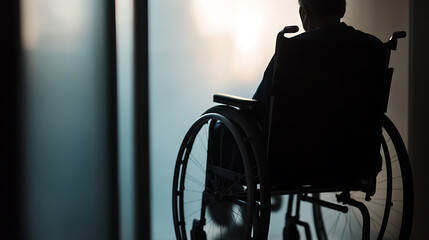 Silhouette of a person sitting alone in a wheelchair, gazing out the window. The image evokes feelings of loneliness and reflection, highlighting the challenges faced by people.