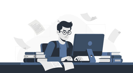 Stressed Office Worker Overwhelmed By Tasks While Working At His Workplace And Computers