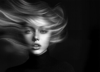 Abstract portrait of a woman in motion blur, symbolizing emotion, mystery, and movement. Monochrome fine art photography blending surreal beauty and dynamic energy with soft light and texture.