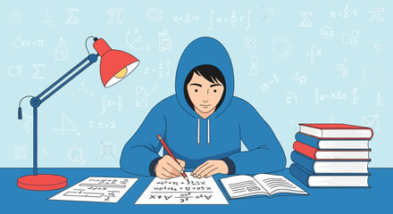 Student Focused On Math homework Under The Light Of The Desk Lamp Illustration