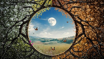 Four season concept with tree, moon, butterfly, and landscape in a circle frame