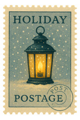 Lantern shining brightly in the snow with holiday postage stamp design