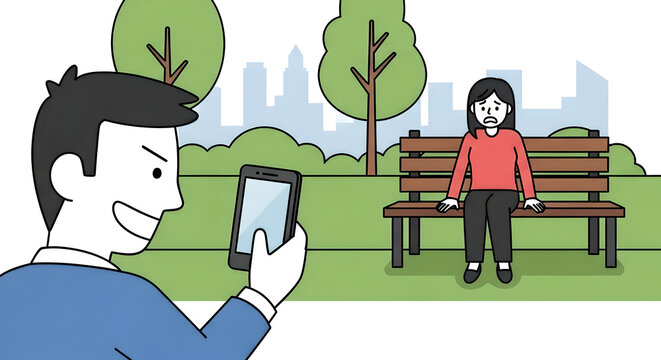 Man Taking Secret Photo of Woman with Phone in Park. Privacy Violation Concept