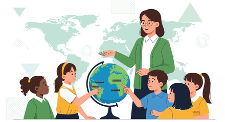 Students And Teacher Exploring Planet Earth Using A Globe For Educational Purposes