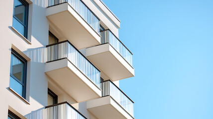 Modern architecture showcases clean lines and balconies against a blue sky. The building's design emphasizes simplicity and a connection to the open air.