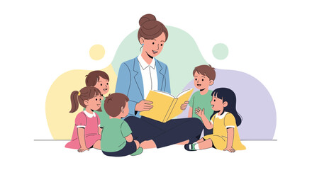 Teacher Reading A Book To A Group Of Children, Sharing Knowledge And Joy