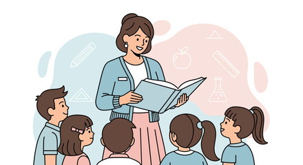 Fototapeta premium Teacher Reading A Book To Class, With Students Listening Attentively, Illustrative Scene