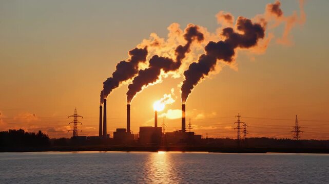 Industrial oil plant with chimney pumping smoke pollution emissions into air at sunset
