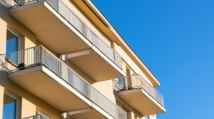 Contemporary architecture featuring staggered balconies with bright railings against a clear blue sky. Urban living with a sense of openness and modern design. Minimalist.