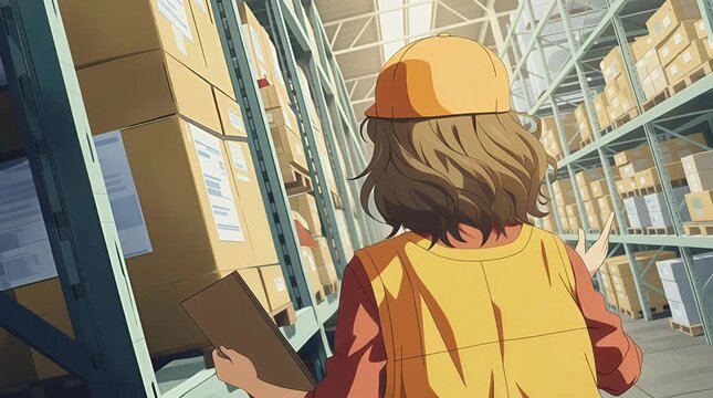 Anime Female Warehouse Worker Explaining Logistic Process in Storage Factory Full of Cardboard Boxes