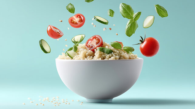 Quinoa salad bowl with floating fresh tomato, cucumber, basil, and grains, healthy vegetarian meal, light blue background, vibrant and appetizing food concept