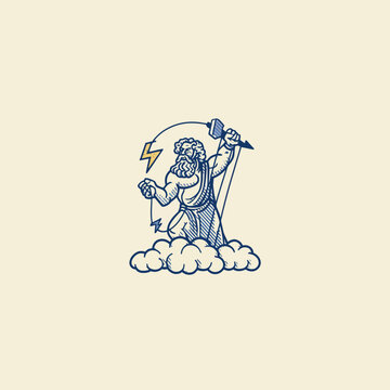 Stylized illustration of mythological figure with hammer and lightning