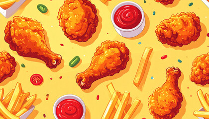 A seamless vector pattern of crispy fried chicken drumsticks, chicken wings, dipping sauces, and fries