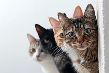 Obraz premium Four adorable cats of different breeds and colors peeking around a corner, showcasing their unique features and expressions in a playful and curious manner
