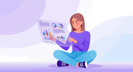 Woman Analyzing Data Charts on a Transparent Tablet, Modern Technology, Information Visualizations