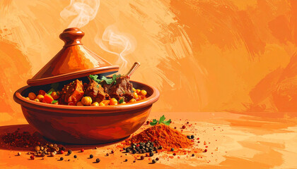A vector of Moroccan tagine pot filled with lamb, chickpeas, carrots, and spices, steaming hot
