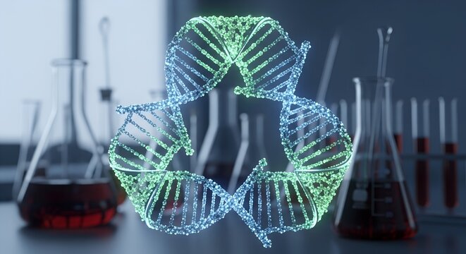 Abstract glowing dna helix intertwined with a human silhouette in a laboratory setting with beakers