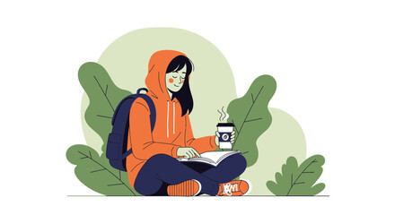 Woman Enjoying Coffee And Reading A Book Outdoors In Nature In Simple Illustration