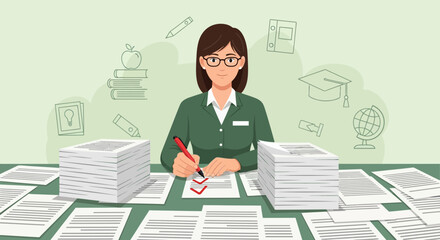 Woman Evaluating Documents With Pen And Glasses In Office Environment