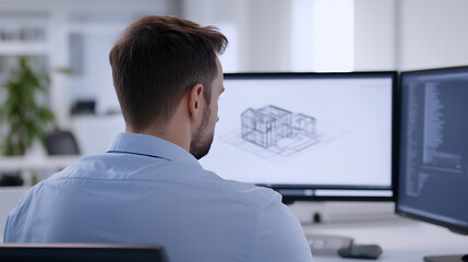 Architect reviewing a digital blueprint on dual monitors in a bright office. Focused on the design and details, he analyzes the architectural plans. Modern workspace.