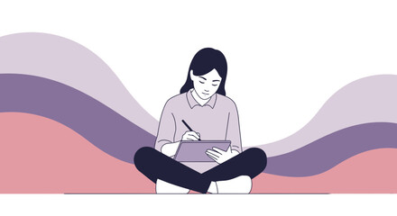 Woman Focused on Digital Art Pen Tablet Surrounded by Soft Pastel Swirl Design