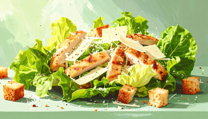 A fresh vector of Caesar salad with romaine lettuce, grilled chicken strips, parmesan, and crunchy croutons. 