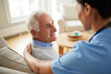 Obraz premium Caring nurse comforting an elderly man in a warm, inviting living room