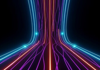 Vibrant neon lines flow in a dark abstract futuristic digital tunnel