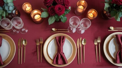Elegant table setting with gold cutlery and red roses for a romantic dinner