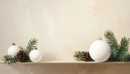 Minimalist Christmas composition with white ornaments, pine branches, and geometric beige platforms, evoking elegance, balance, and seasonal serenity.