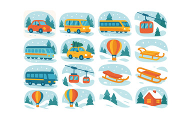 Naklejka premium Winter travel and transportation: cars, buses, trains, and hot air balloons in a snowy landscape