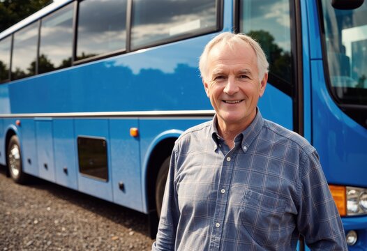 Smiling man standing beside a blue bus, representing travel and adventure