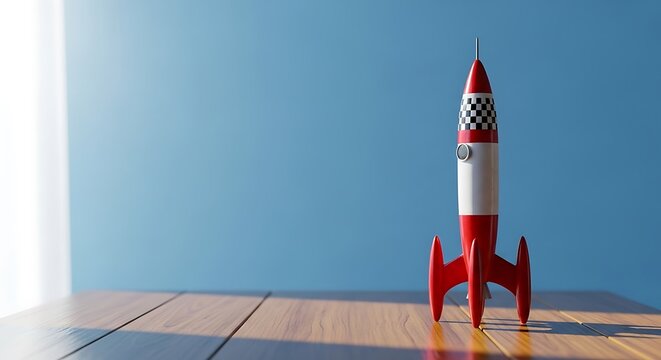 Inspiring toy rocket ready for liftoff, symbolizing innovation and success with a retro flair against a bright blue background, perfect for startups