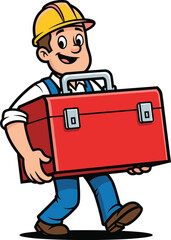 Construction worker carrying toolbox cartoon illustration, symbolic service and expressive labor character artwork for design and education