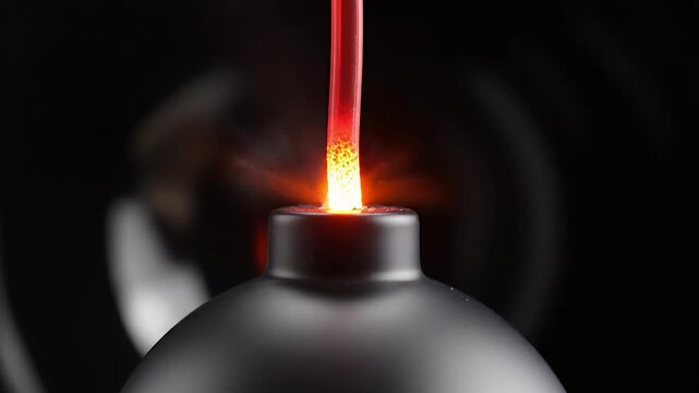 Burning fuse on a black round bomb, glowing spark on a lit explosive wick, dramatic countdown and danger concept, matte black spherical explosive