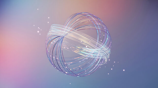 Abstract shimmering crystal structure with ethereal light trails against a soft pastel gradient background