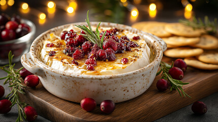 Baked camembert cheese with cranberries and rosemary in a ceramic dish, served on a wooden board with crackers and festive lighting