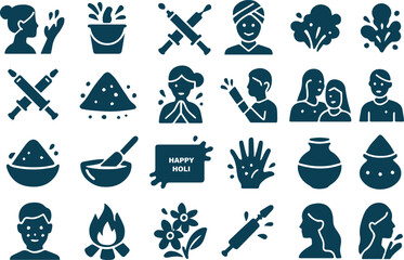 Holi festival icons isolated on white background for graphic design use